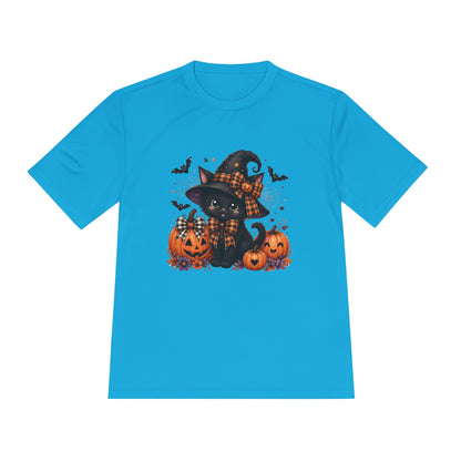 Halloween Witch Cat Tee — Cute Black Cat with Pumpkins & Bats Moisture‑Wicking Shirt