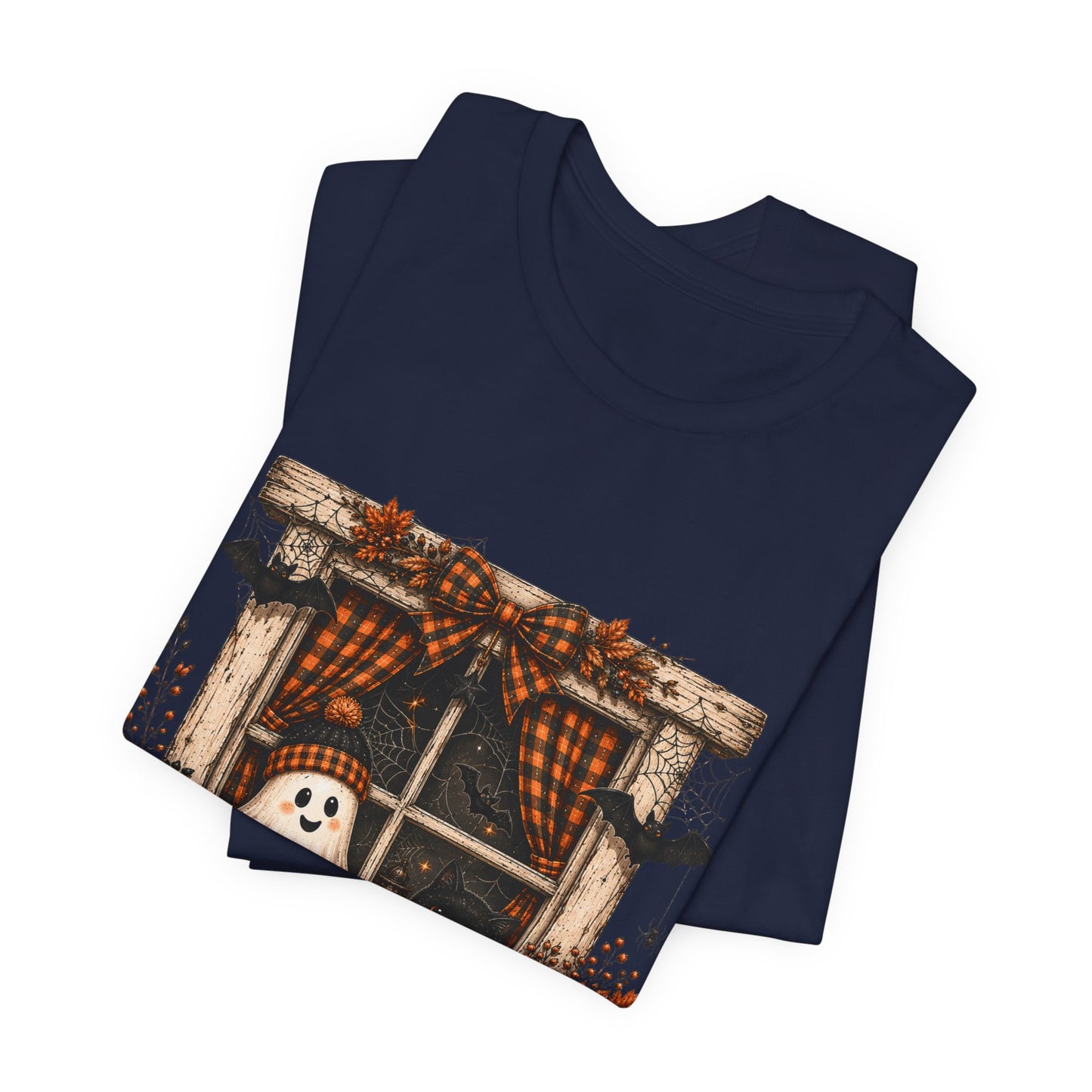Spooky Window Halloween Tee — Ghost, Pumpkins & Plaid Fall Shirt