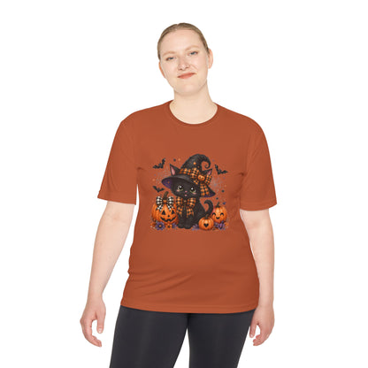 Halloween Witch Cat Tee — Cute Black Cat with Pumpkins & Bats Moisture‑Wicking Shirt