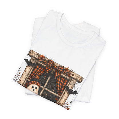 Spooky Window Halloween Tee — Ghost, Pumpkins & Plaid Fall Shirt