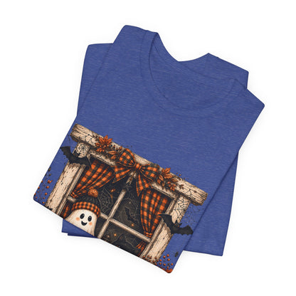 Spooky Window Halloween Tee — Ghost, Pumpkins & Plaid Fall Shirt