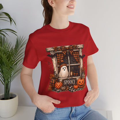 Spooky Window Halloween Tee — Ghost, Pumpkins & Plaid Fall Shirt