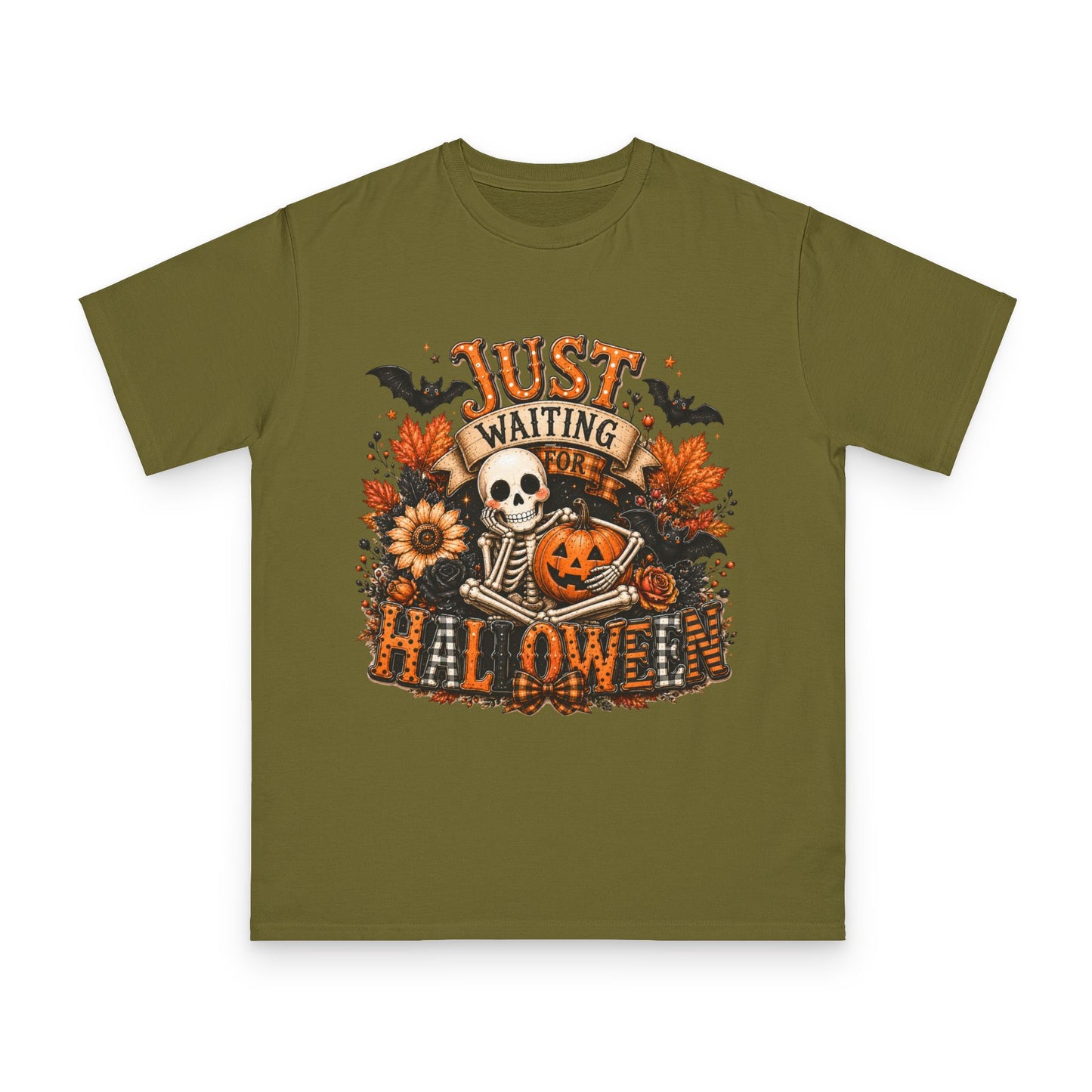 Just Waiting for Halloween T-Shirt — Skeleton Pumpkin Autumn Graphic Tee