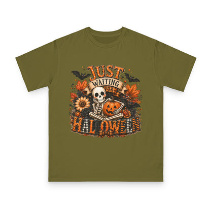 Just Waiting for Halloween T-Shirt — Skeleton Pumpkin Autumn Graphic Tee
