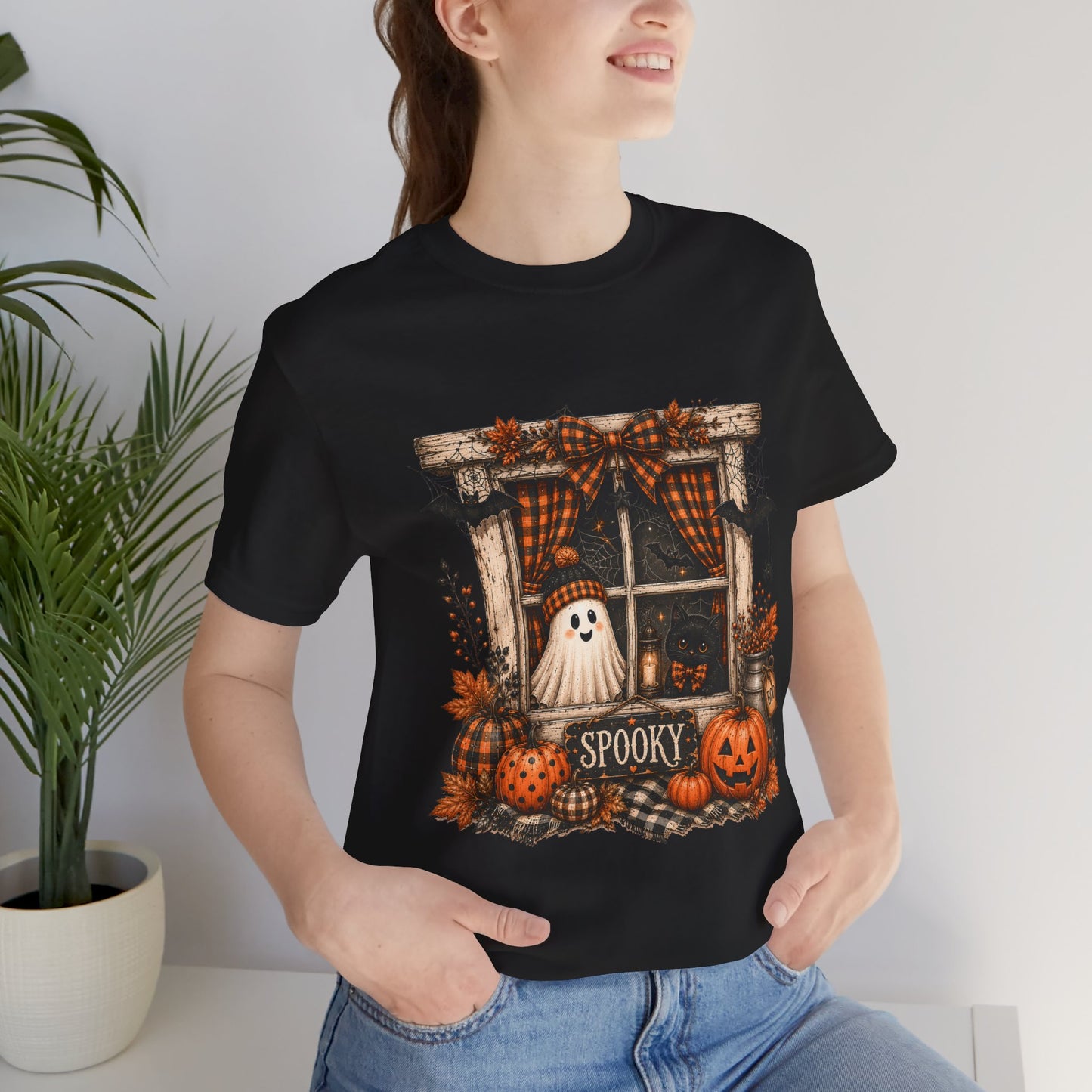 Spooky Window Halloween Tee — Ghost, Pumpkins & Plaid Fall Shirt