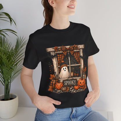 Spooky Window Halloween Tee — Ghost, Pumpkins & Plaid Fall Shirt