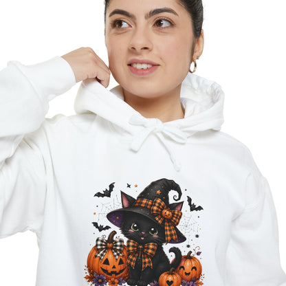 Halloween Cat Hoodie — Witch Hat Black Cat with Pumpkins & Bats
