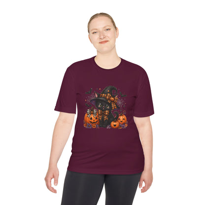 Halloween Witch Cat Tee — Cute Black Cat with Pumpkins & Bats Moisture‑Wicking Shirt