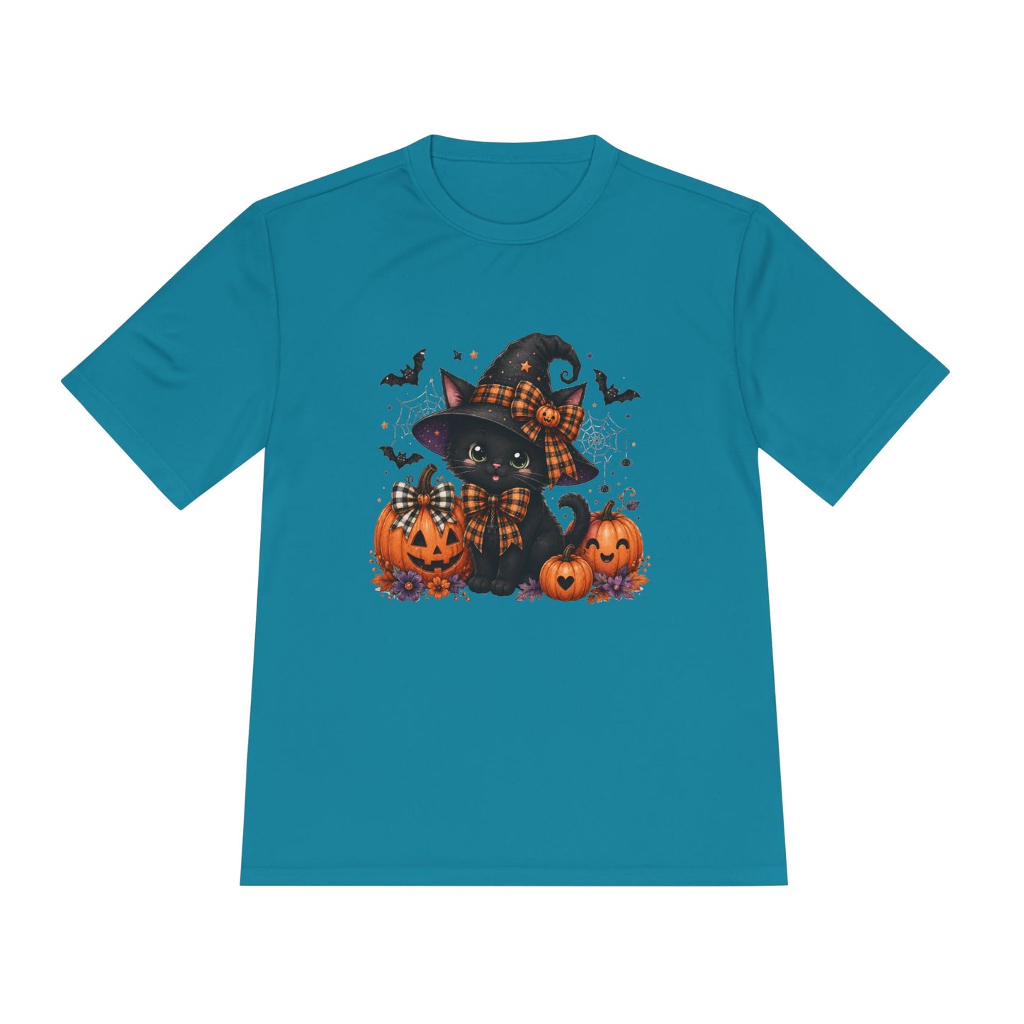 Halloween Witch Cat Tee — Cute Black Cat with Pumpkins & Bats Moisture‑Wicking Shirt
