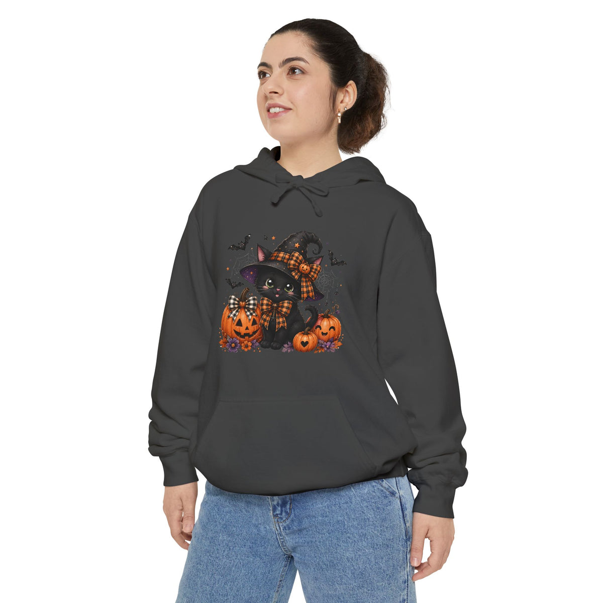 Halloween Cat Hoodie — Witch Hat Black Cat with Pumpkins & Bats