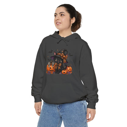 Halloween Cat Hoodie — Witch Hat Black Cat with Pumpkins & Bats