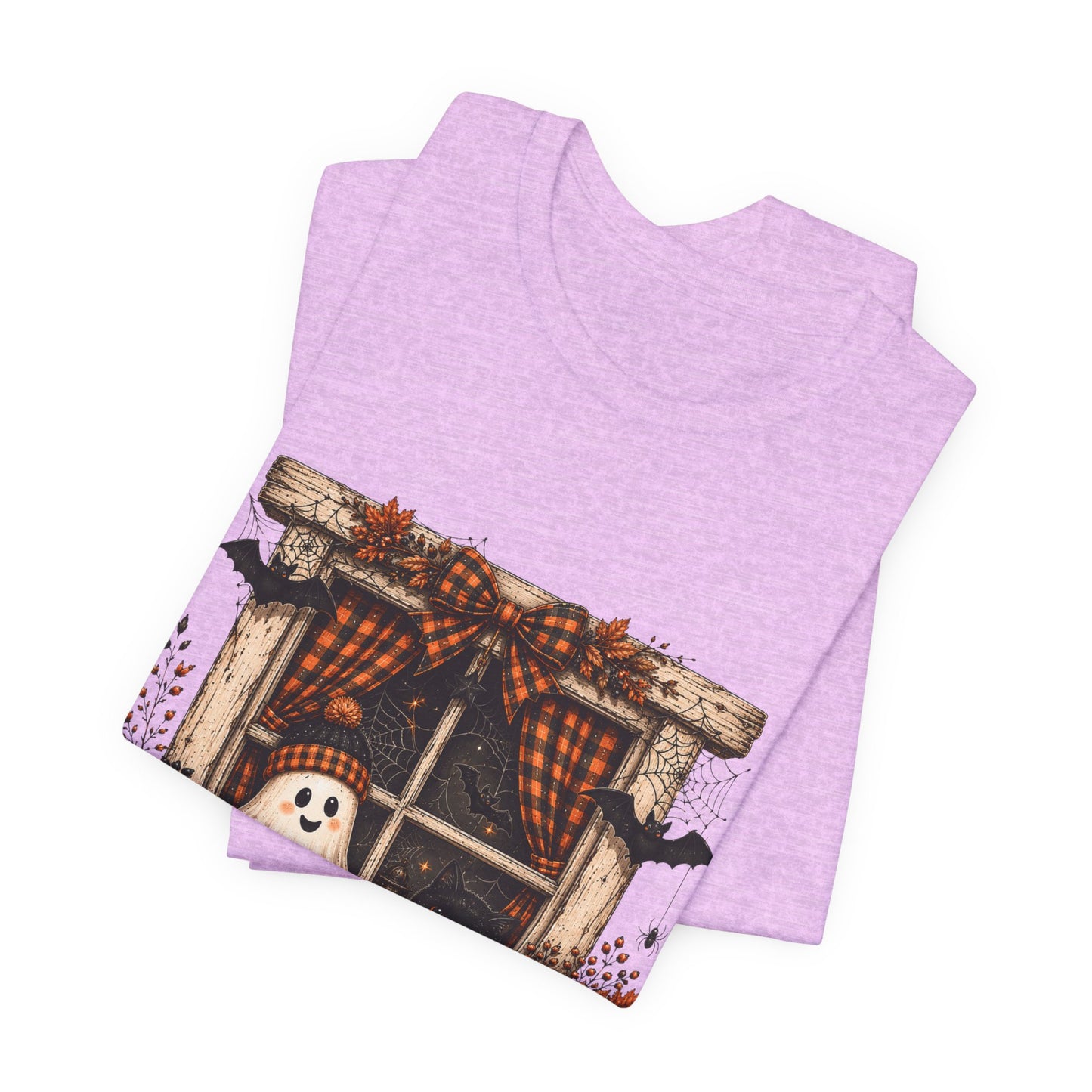 Spooky Window Halloween Tee — Ghost, Pumpkins & Plaid Fall Shirt