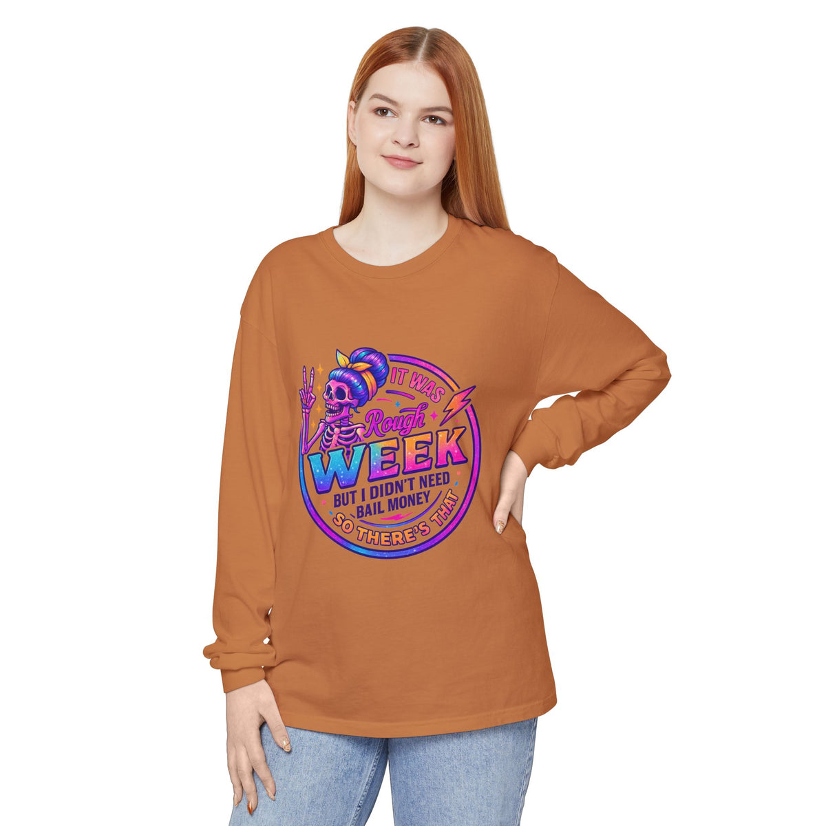 Long Sleeve T-Shirt — “It Was a Rough Week” Retro Skull Graphic