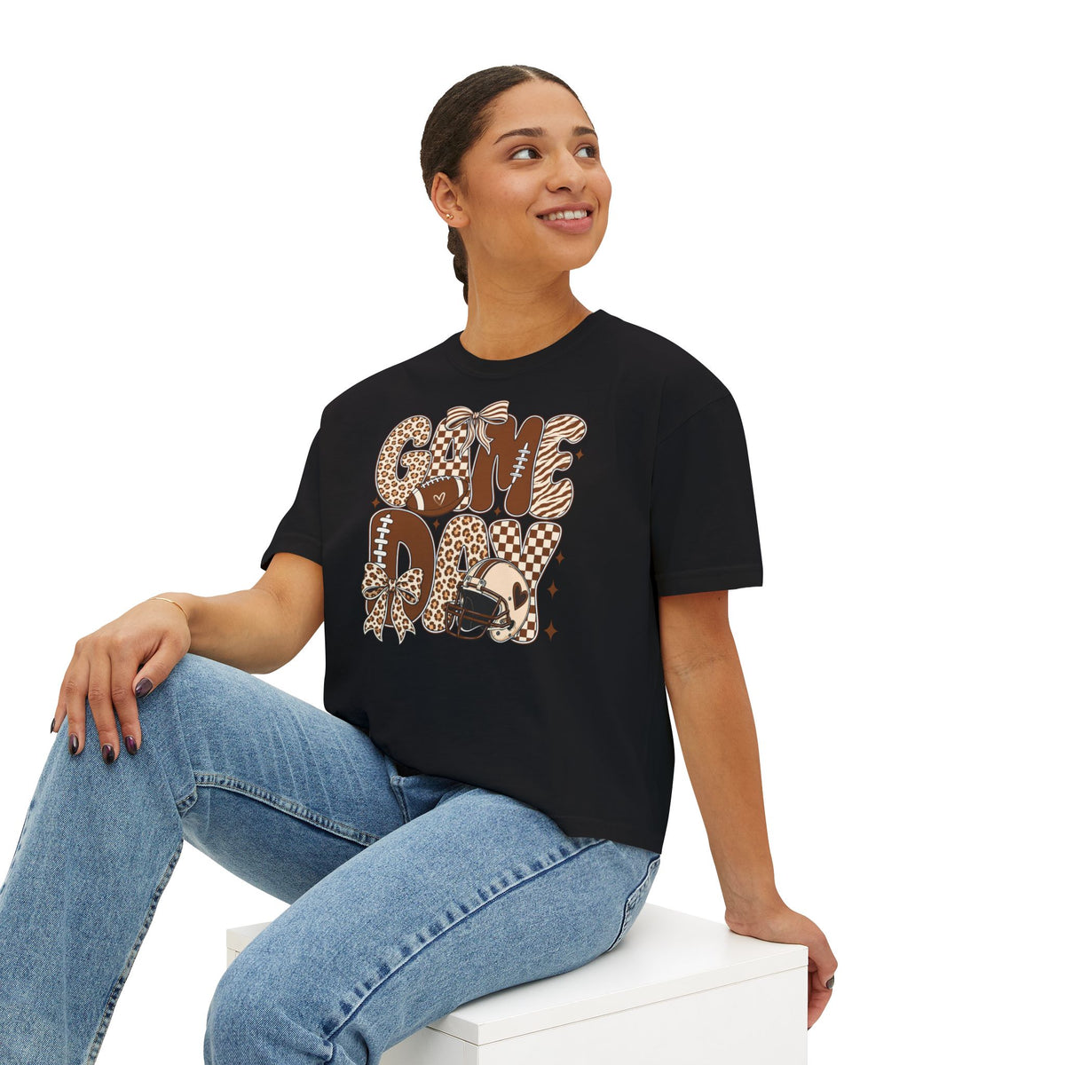 Game Day Tee — Leopard Print "Game Day" Football Graphic Women's Boxy Tee
