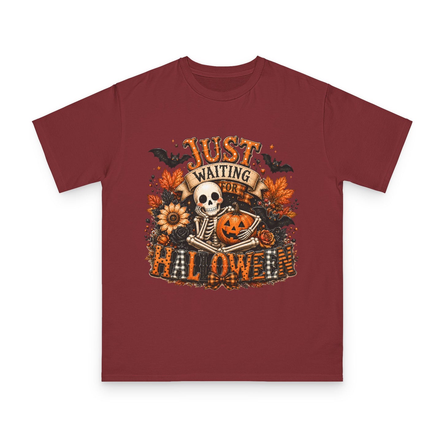 Just Waiting for Halloween T-Shirt — Skeleton Pumpkin Autumn Graphic Tee
