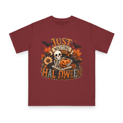 Just Waiting for Halloween T-Shirt — Skeleton Pumpkin Autumn Graphic Tee