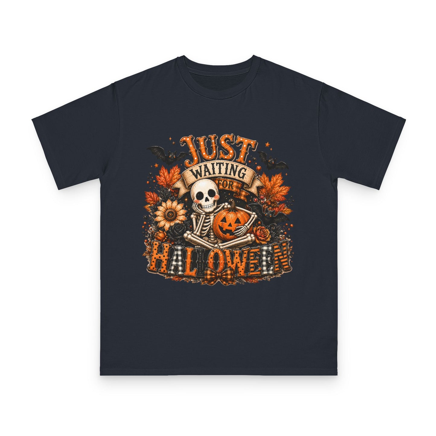 Just Waiting for Halloween T-Shirt — Skeleton Pumpkin Autumn Graphic Tee