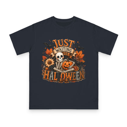 Just Waiting for Halloween T-Shirt — Skeleton Pumpkin Autumn Graphic Tee