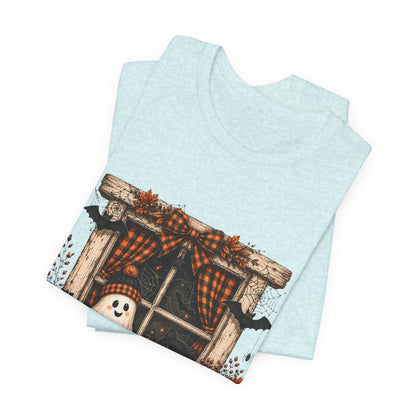 Spooky Window Halloween Tee — Ghost, Pumpkins & Plaid Fall Shirt