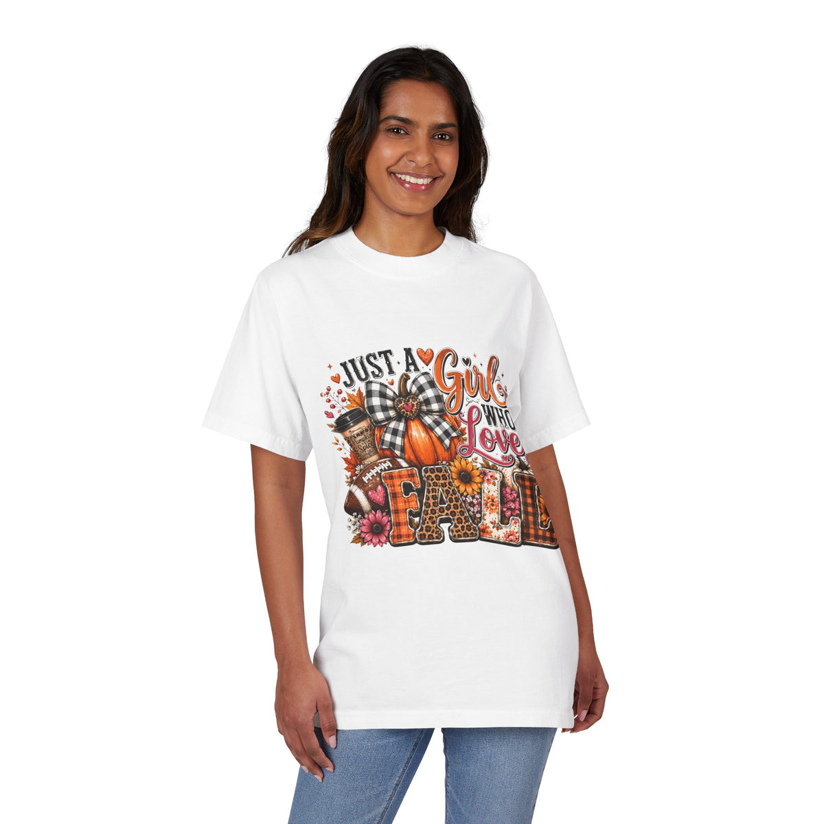 Fall Graphic T‑Shirt — "Just a Girl Who Loves Fall" Pumpkin Plaid Tee