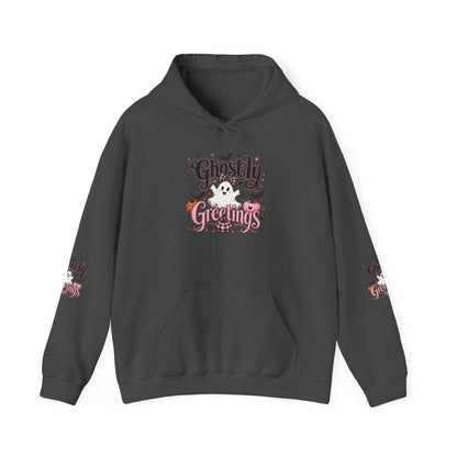 Ghostly Greetings Hoodie — Cute Retro Halloween Ghost Pullover