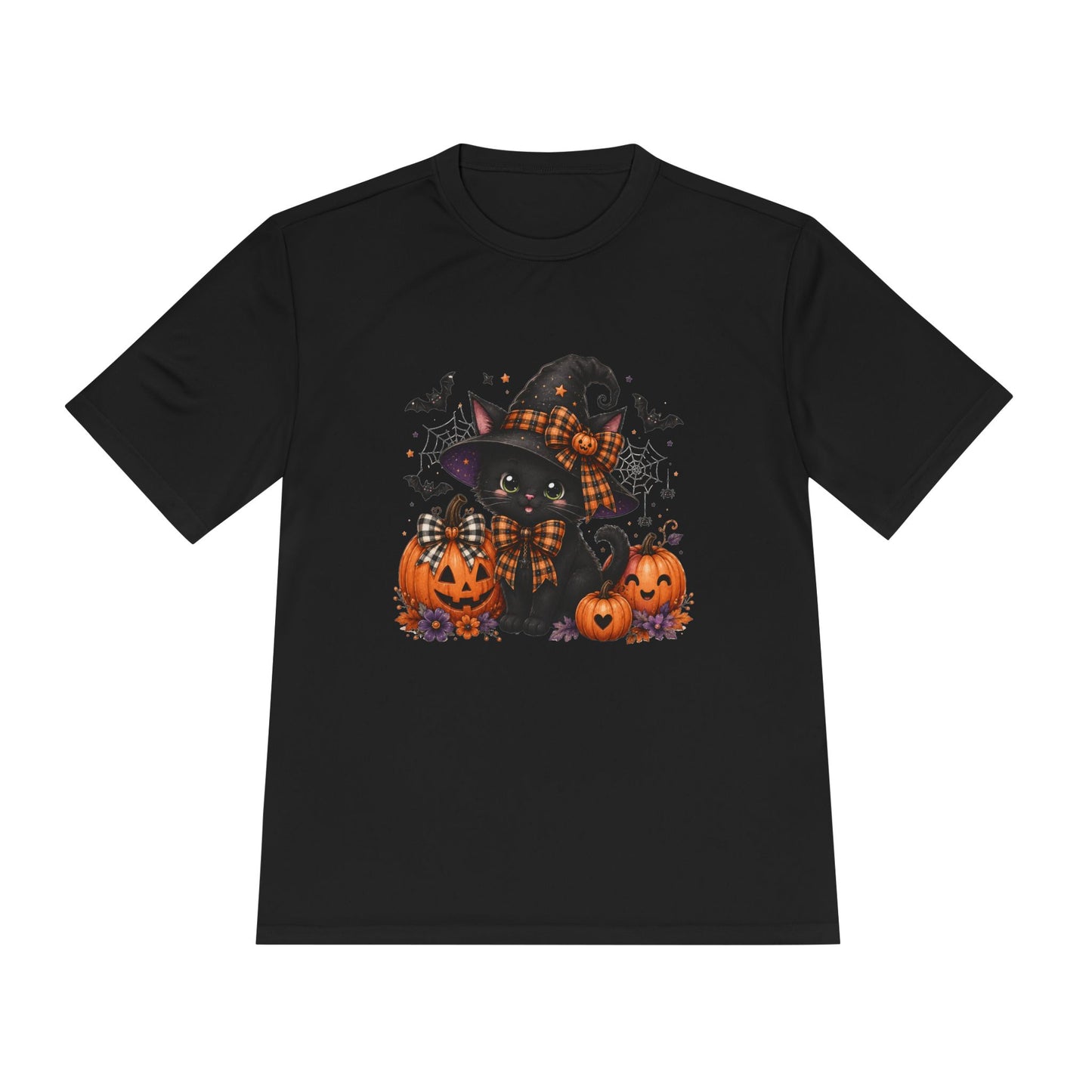 Halloween Witch Cat Tee — Cute Black Cat with Pumpkins & Bats Moisture‑Wicking Shirt