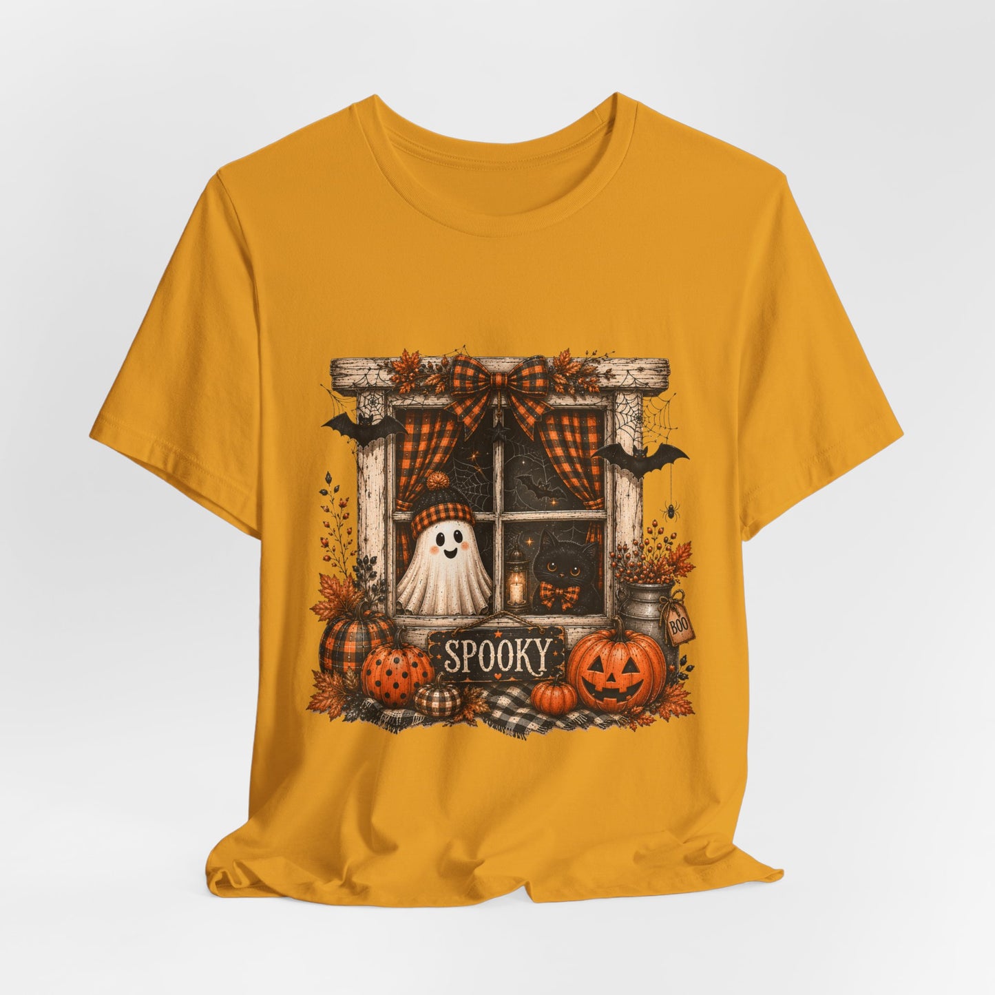 Spooky Window Halloween Tee — Ghost, Pumpkins & Plaid Fall Shirt