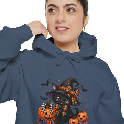 Halloween Cat Hoodie — Witch Hat Black Cat with Pumpkins & Bats