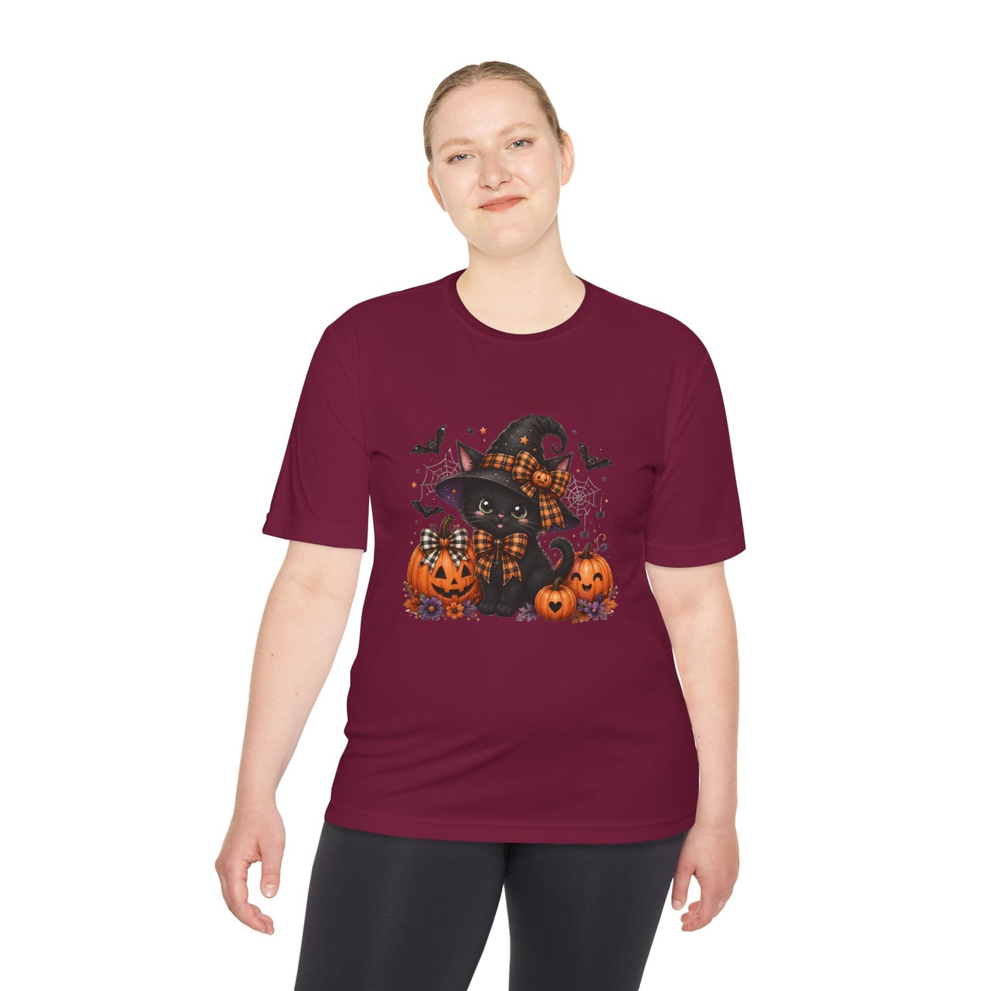 Halloween Witch Cat Tee — Cute Black Cat with Pumpkins & Bats Moisture‑Wicking Shirt