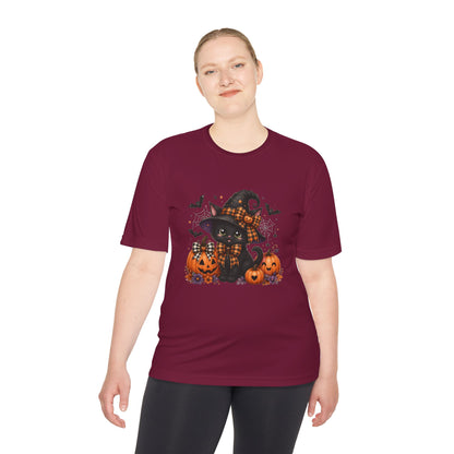 Halloween Witch Cat Tee — Cute Black Cat with Pumpkins & Bats Moisture‑Wicking Shirt