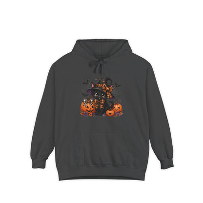 Halloween Cat Hoodie — Witch Hat Black Cat with Pumpkins & Bats