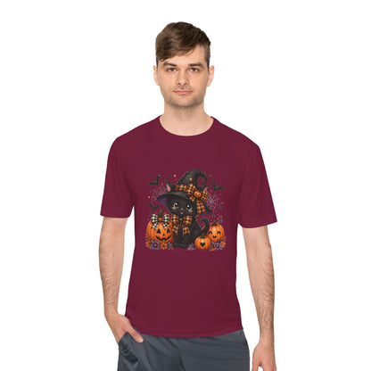 Halloween Witch Cat Tee — Cute Black Cat with Pumpkins & Bats Moisture‑Wicking Shirt