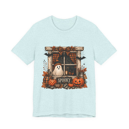 Spooky Window Halloween Tee — Ghost, Pumpkins & Plaid Fall Shirt