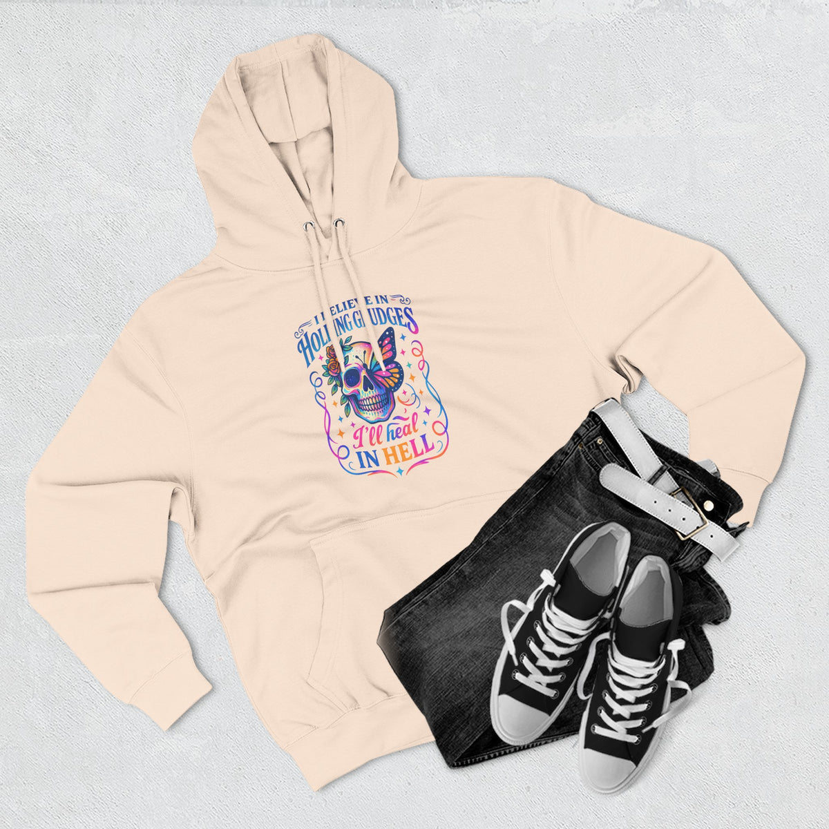Skull & Butterfly Hoodie — "I Believe in Holding Grudges, I’ll Meet You in Hell" Graphic Hoodie