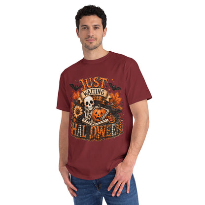 Just Waiting for Halloween T-Shirt — Skeleton Pumpkin Autumn Graphic Tee