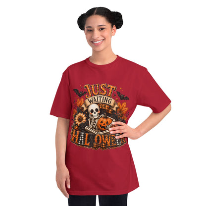 Just Waiting for Halloween T-Shirt — Skeleton Pumpkin Autumn Graphic Tee