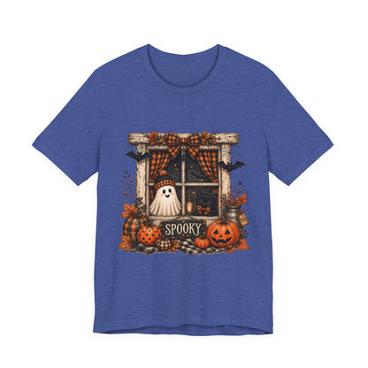 Spooky Window Halloween Tee — Ghost, Pumpkins & Plaid Fall Shirt