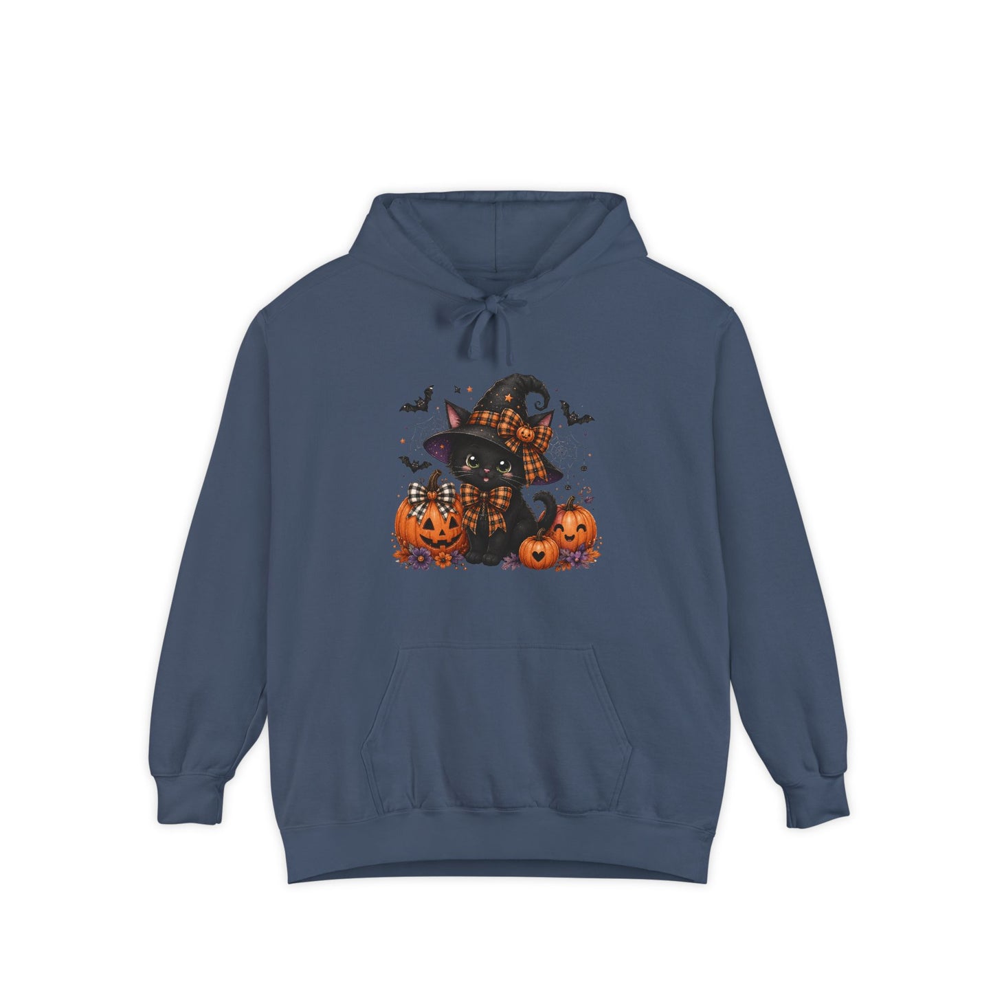 Halloween Cat Hoodie — Witch Hat Black Cat with Pumpkins & Bats