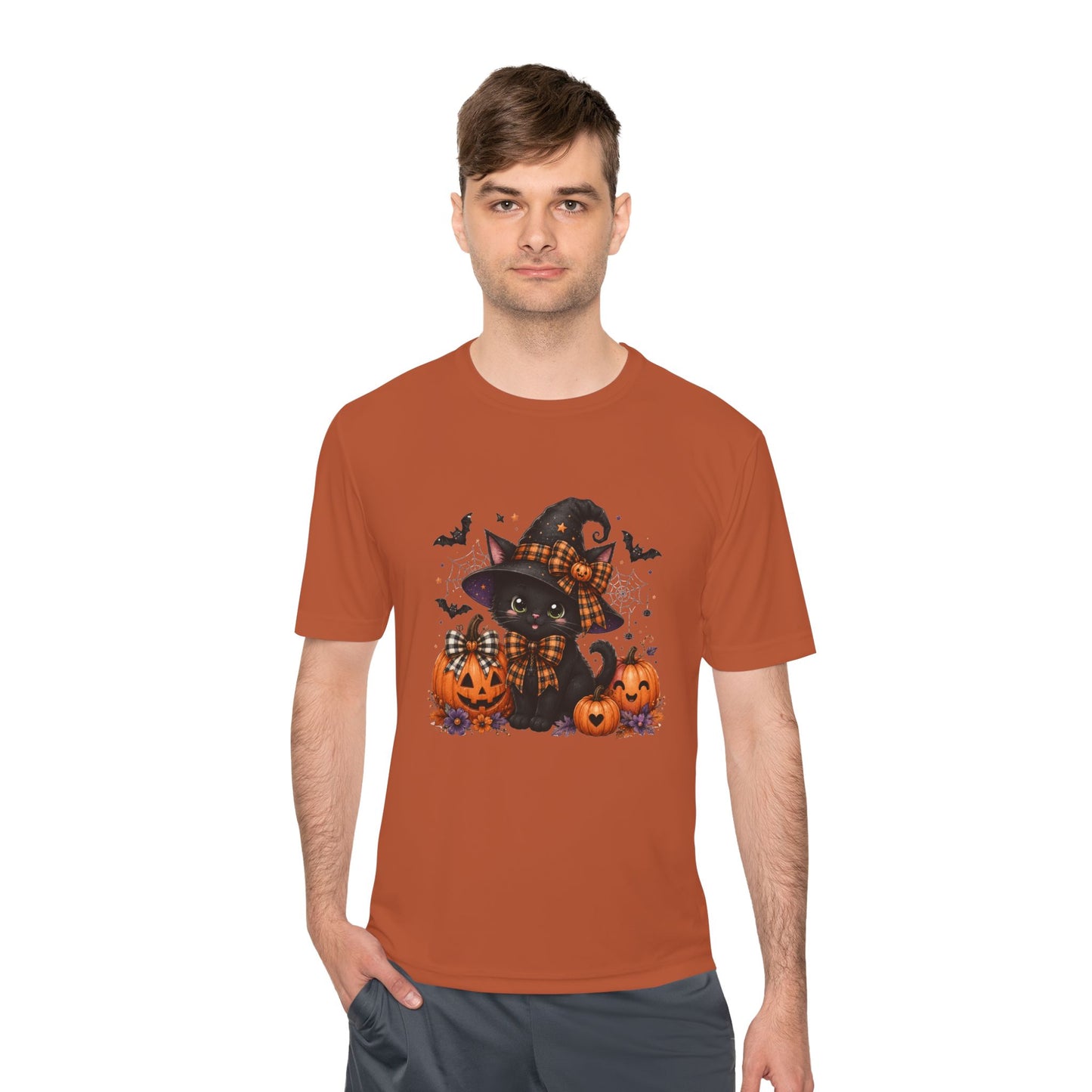 Halloween Witch Cat Tee — Cute Black Cat with Pumpkins & Bats Moisture‑Wicking Shirt