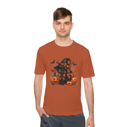 Halloween Witch Cat Tee — Cute Black Cat with Pumpkins & Bats Moisture‑Wicking Shirt