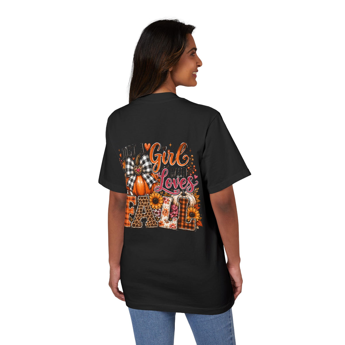 Fall Graphic T‑Shirt — "Just a Girl Who Loves Fall" Pumpkin Plaid Tee