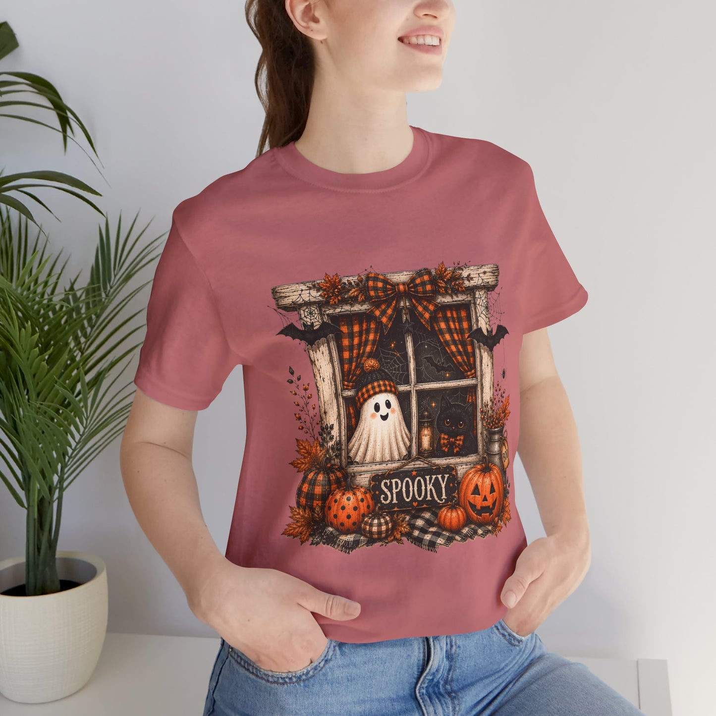 Spooky Window Halloween Tee — Ghost, Pumpkins & Plaid Fall Shirt