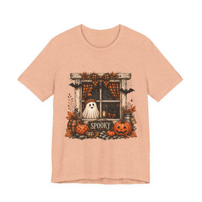 Spooky Window Halloween Tee — Ghost, Pumpkins & Plaid Fall Shirt