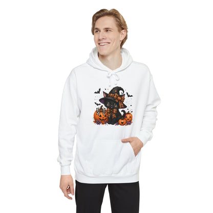 Halloween Cat Hoodie — Witch Hat Black Cat with Pumpkins & Bats