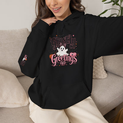 Ghostly Greetings Hoodie — Cute Retro Halloween Ghost Pullover